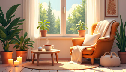 Fototapeta premium Minimalist Living Room with Serene Atmosphere Against Forest Backdrop with Copy Space