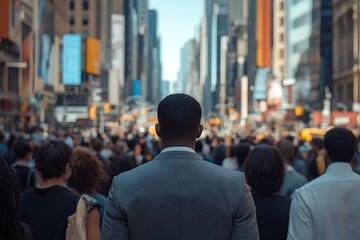 Fototapeta premium Anonymous Man in Gray Suit Walks Through Busy City Crowd