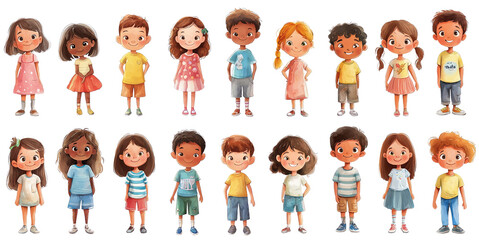 Cartoon kids standing full height. Collection of multiethnic children characters. Watercolor illustration