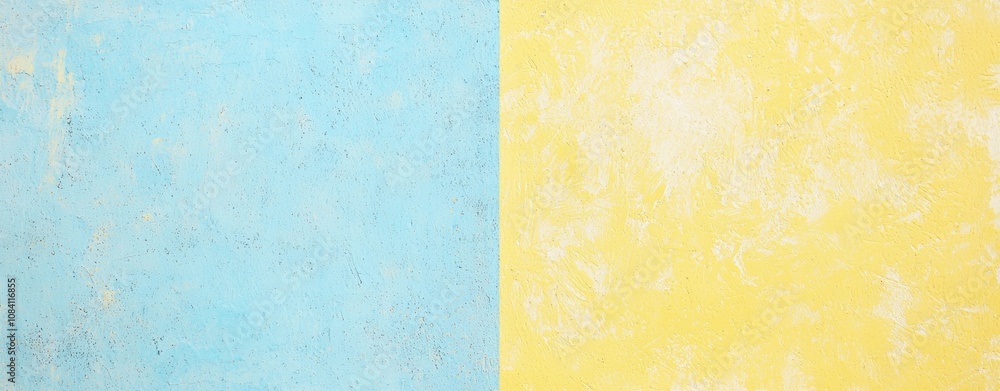 Poster Light blue and yellow painted wall with a textured surface, blending colors for a modern, abstract look. Perfect backdrop for any setting, adding color and character