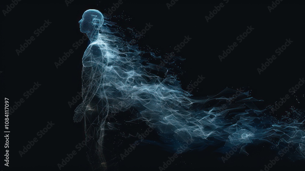 Poster a digital rendering of a human figure dissolving into particles of light, symbolizing transformation