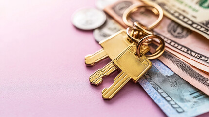 Golden keys rest on pastel pink background alongside various currency notes and coins, symbolizing wealth and security