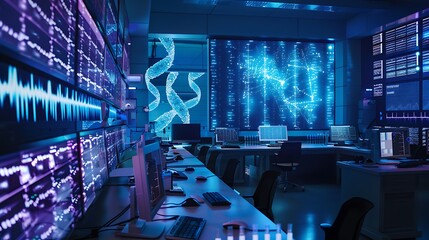 A biotechnology lab with advanced genetic sequencing machines and glowing DNA strands on screens.