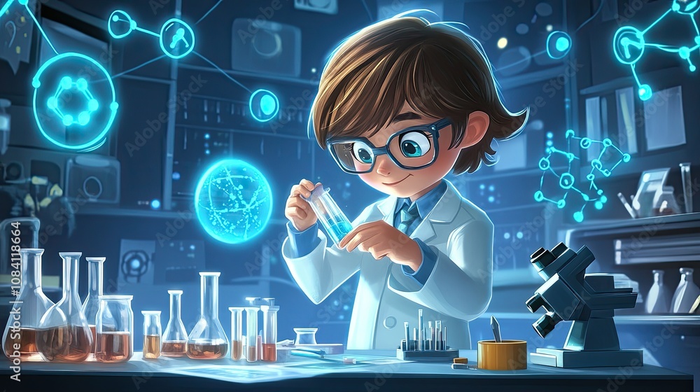 Poster here's a possible and keyword list for your image... young scientist examines glowing liquid in lab.