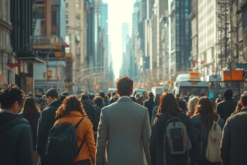 Obraz premium Back View of Man Walking in Busy City Street Crowd2