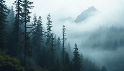 Misty pine forest on a mountain hilltop, blending serenity with a mystical atmosphere.