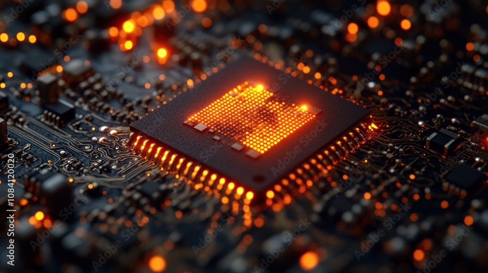 Poster glowing cpu on circuit board.