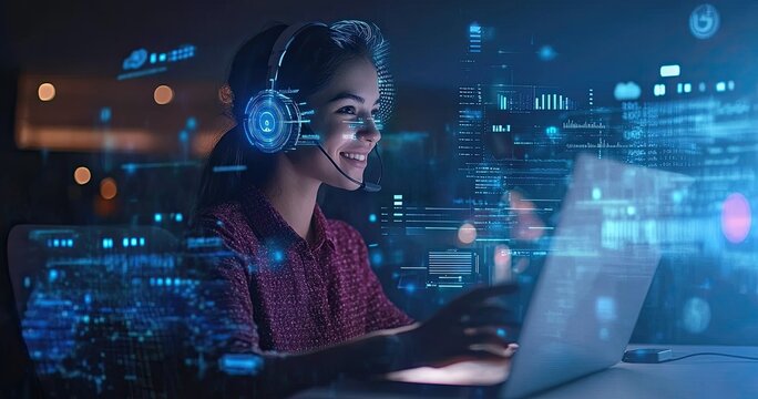 AI-Powered Virtual Assistant: Digital Hologram of a Customer Service Representative on a Blue Background