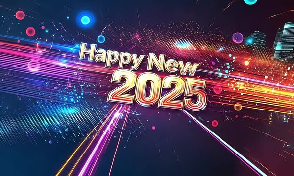 Happy New Year 2025 vibrant lights festive design, HD video, colorful celebration background