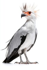 Obraz premium Majestic Secretary Bird Portrait with Striking Plumage and Intense Gaze Against White Background