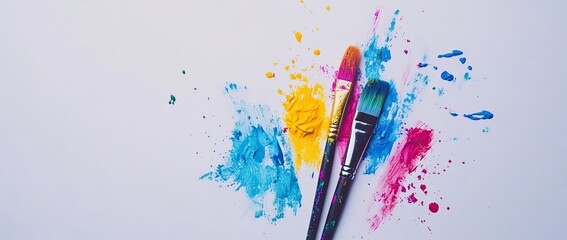 Obraz premium Artistic paintbrushes with splashes of rainbow colors on a white background