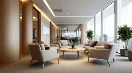 Fototapeta premium Modern office interior featuring cozy seating area with light colored furniture, large windows, and greenery, creating welcoming atmosphere for collaboration and relaxation