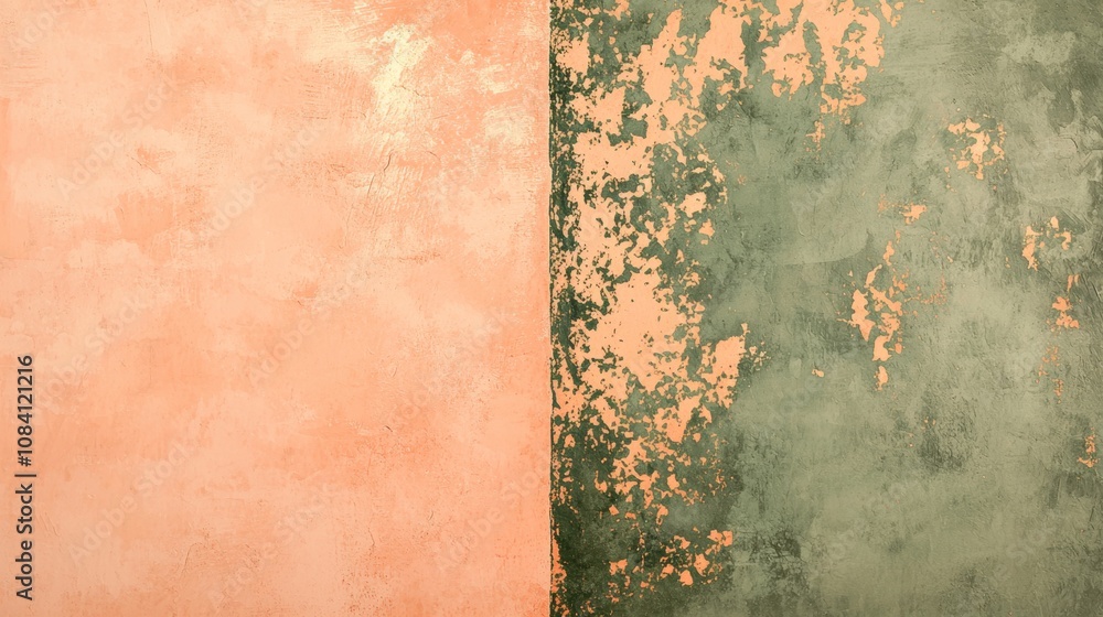 Poster two-tone textured stucco surface featuring a polished peach section alongside a distressed green sec