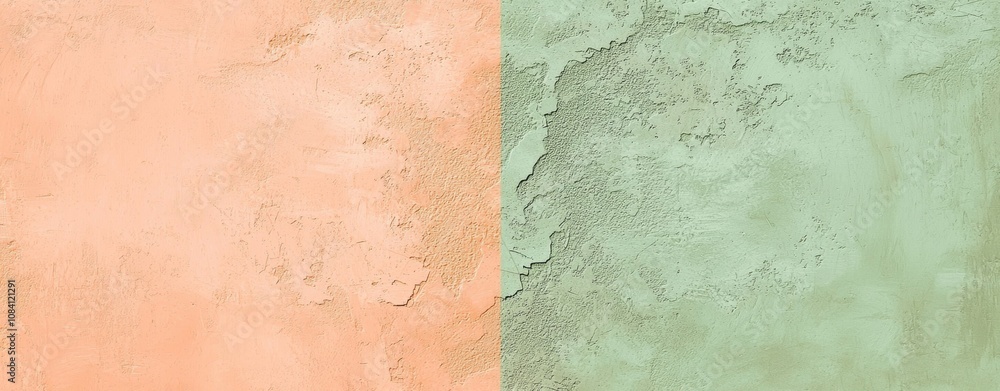 Poster peach and green halves of a textured wall create a striking split background, adding depth and visua