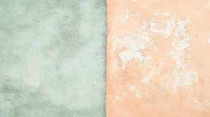 Close-up of aged concrete wall with smooth light green and rough peach-colored sections, showing weathering