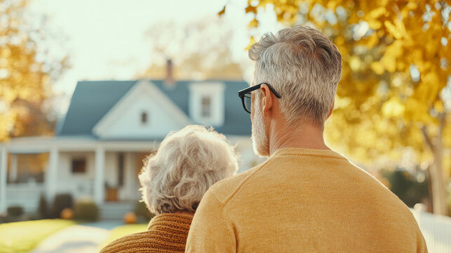 A couple enjoys peaceful autumn day, admiring their home surrounded by vibrant fall foliage. warm sunlight enhances cozy atmosphere, evoking feelings of nostalgia and contentment - Powered by Adobe