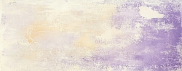 Wide panoramic textured background of a painted canvas with brush strokes of pastel purple, beige and cream color creating an abstract pattern