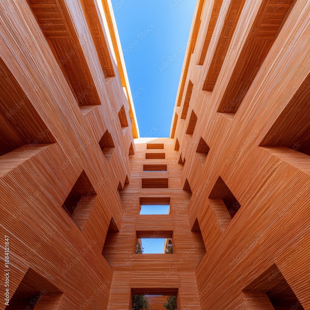 Poster low angle view of a modern wooden building with square windows.