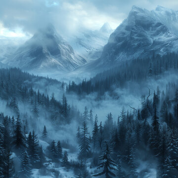 forest with mountains and snow, forest with blizzard