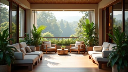 Obraz premium Modern living room with large windows, forest view, comfortable furniture, and indoor plants. Generative, AI.