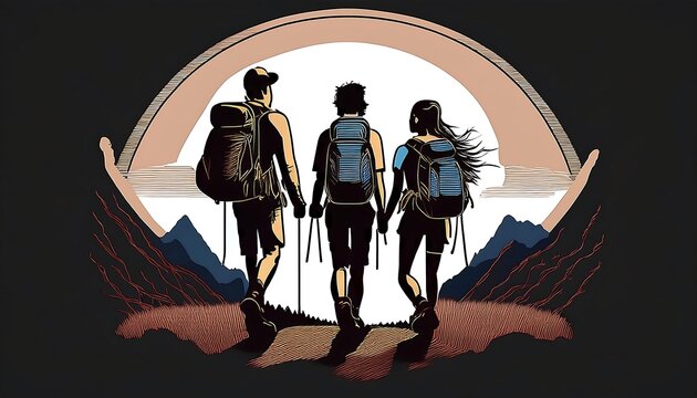  Male and female hikers with backpacks set against a black background in a simple vector sil_1(567)