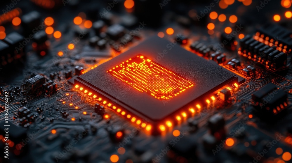 Poster glowing cpu on circuit board.