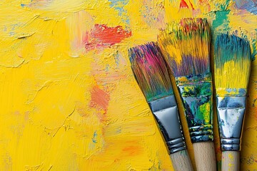 Obraz premium Artistic paintbrushes with splashes of rainbow colors on a white background