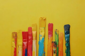 Artistic paintbrushes with splashes of rainbow colors on a white background