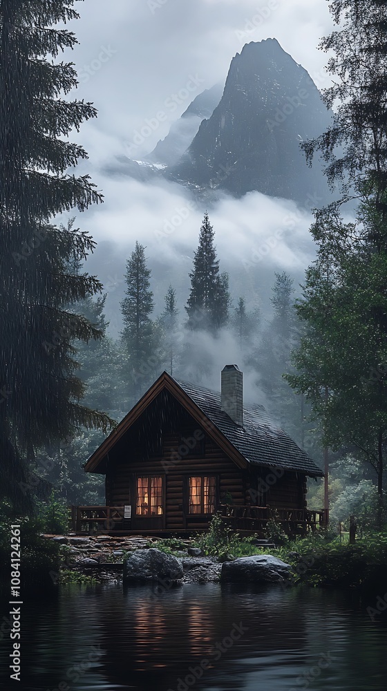 Aufkleber charming rustic cabin by mountainous landscape with misty forest reflection view : generative ai
