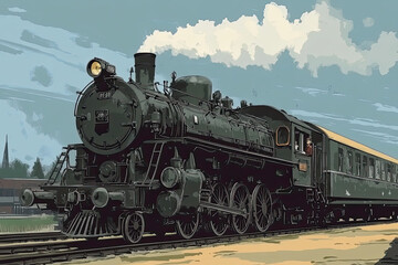 Obraz premium Engraving-style vector illustration of a vintage steam train locomotive.