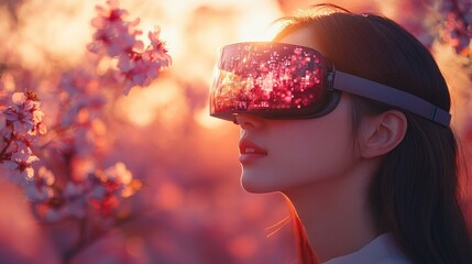 Woman in VR headset, cherry blossoms, sunset.