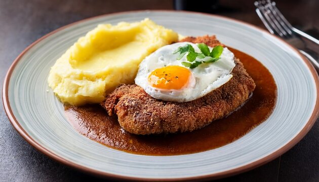  Milanesa features breaded and fried beef, topped with a fried egg, served alongside cre_1(582)