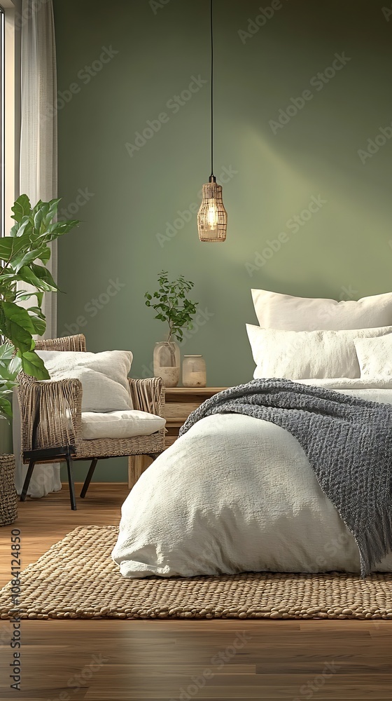 Poster minimalistic bedroom with soft lighting and earthy decor elements : generative ai