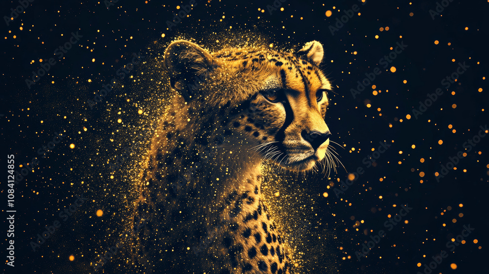 Poster a cheetah picture made of gold sparkles on a dark background. it's a simple design using dots and li
