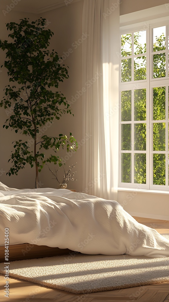 Poster Serene Minimalist Bedroom with Sunlight and Greenery Through Large Window : Generative AI