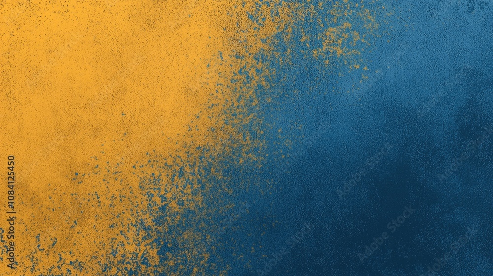 Poster yellow powder is exploding on a blue textured background, creating an abstract design that is visual