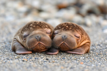 Obraz premium Photograph of two cute baby sea lions sleeping on the beach, adorable and cuddly, with a playful expression.