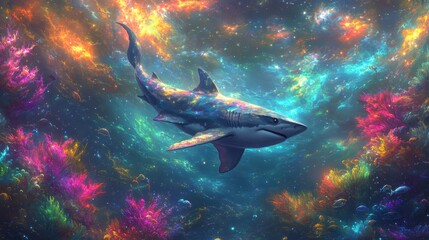 Obraz premium Vibrant Underwater Scene with Majestic Shark Swimming Amidst Colorful Coral Reefs and Luminous Oceanic Background