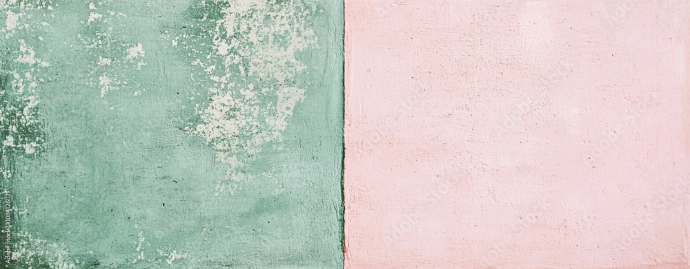 Poster weathered concrete wall painted in two contrasting colors, green and pink, creating an abstract text