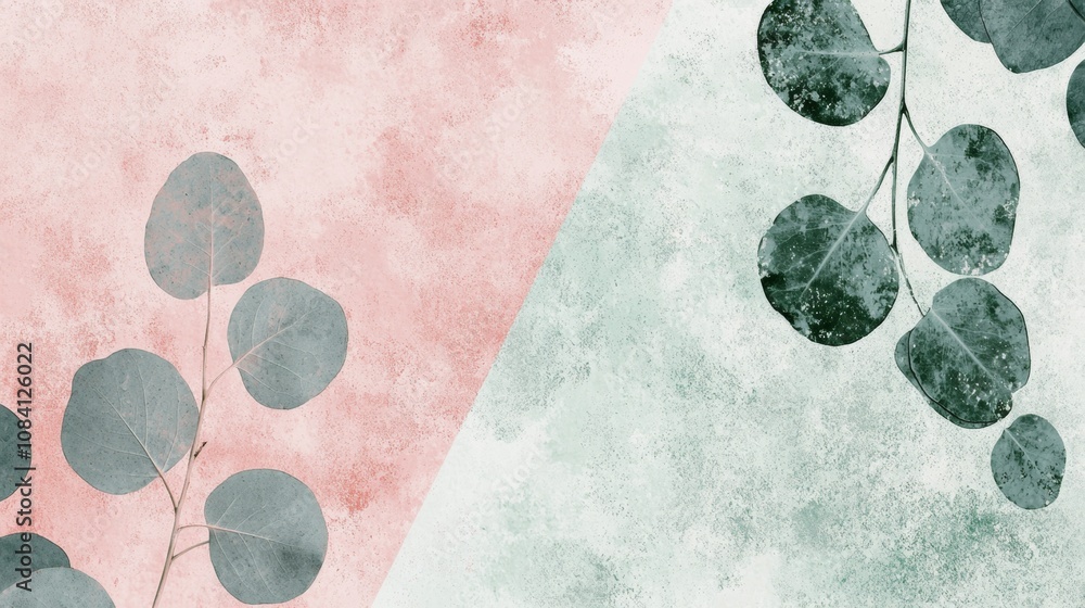 Poster Eucalyptus leaves are arranged on a textured background featuring a diagonal split between pink and green, creating a visually appealing and nature-inspired design