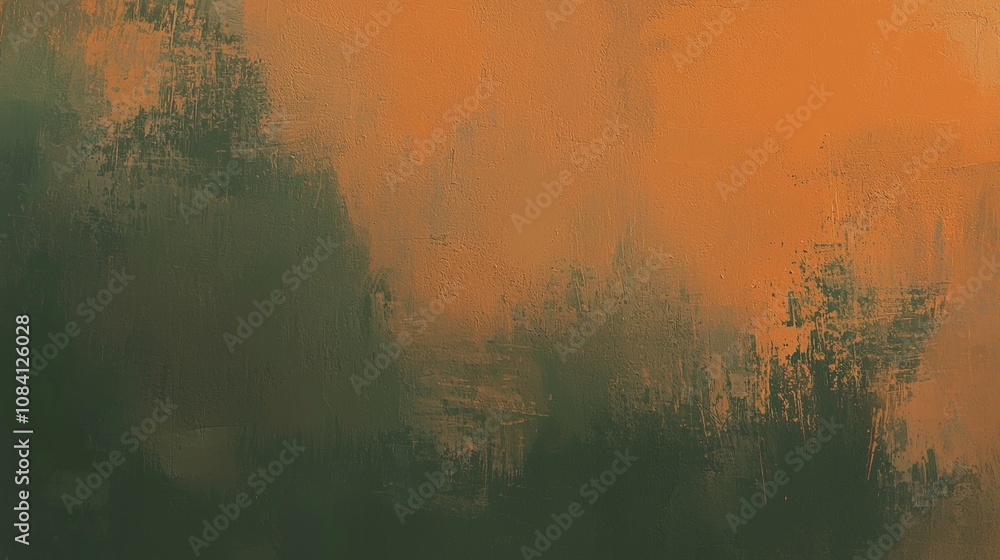Poster orange and green brushstrokes blend on a textured canvas, creating an evocative abstract backdrop wi