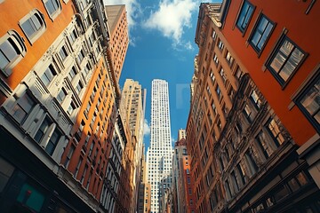 Fototapeta premium Brick Buildings Looking Up at Tall Skyscrapers in a City