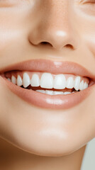 Fototapeta premium A close up of smiling woman showcasing her bright, white teeth and healthy gums, radiating joy and confidence. image captures essence of beautiful smile