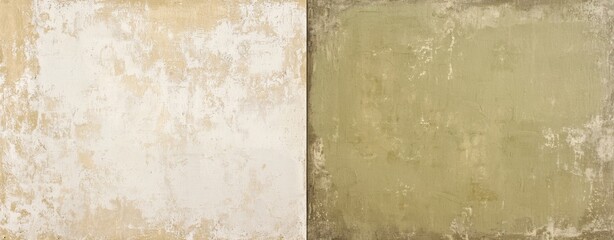 Fototapeta premium Two-tone textured background featuring a weathered wall with beige and green sections, creating an elegant and distressed aesthetic perfect for design projects seeking a vintage or rustic touch