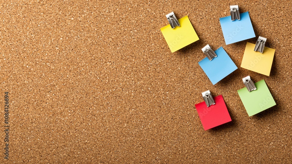 Poster a collection of colorful sticky notes pinned to a corkboard, creating a vibrant and organized displa