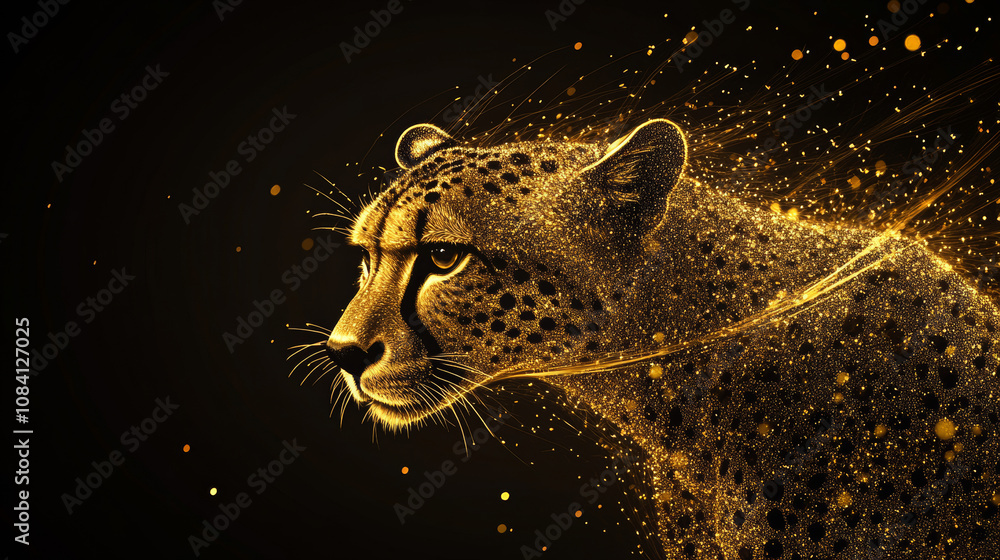Poster a cheetah picture made of gold sparkles on a dark background. it's a simple design using dots and li