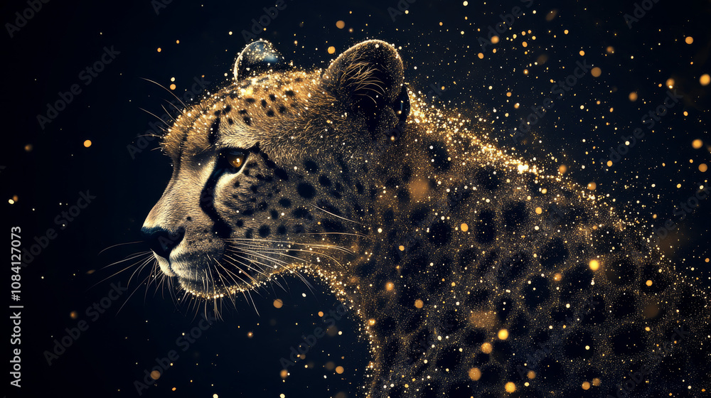 Poster a cheetah picture made of gold sparkles on a dark background. it's a simple design using dots and li