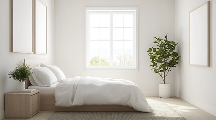 Fototapeta premium Minimalist White Bedroom with Large Window and Indoor Plant Offering Tranquil Ambiance : Generative AI