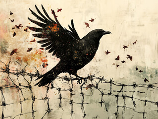 Fototapeta premium Freedom and Confinement, Soaring Crow with Fence