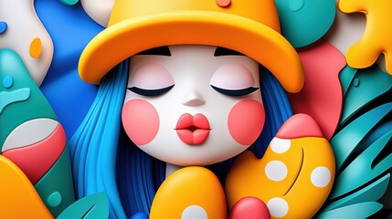 Naklejka premium Colorful 3D Girl Portrait Abstract Art Fun Playful Design